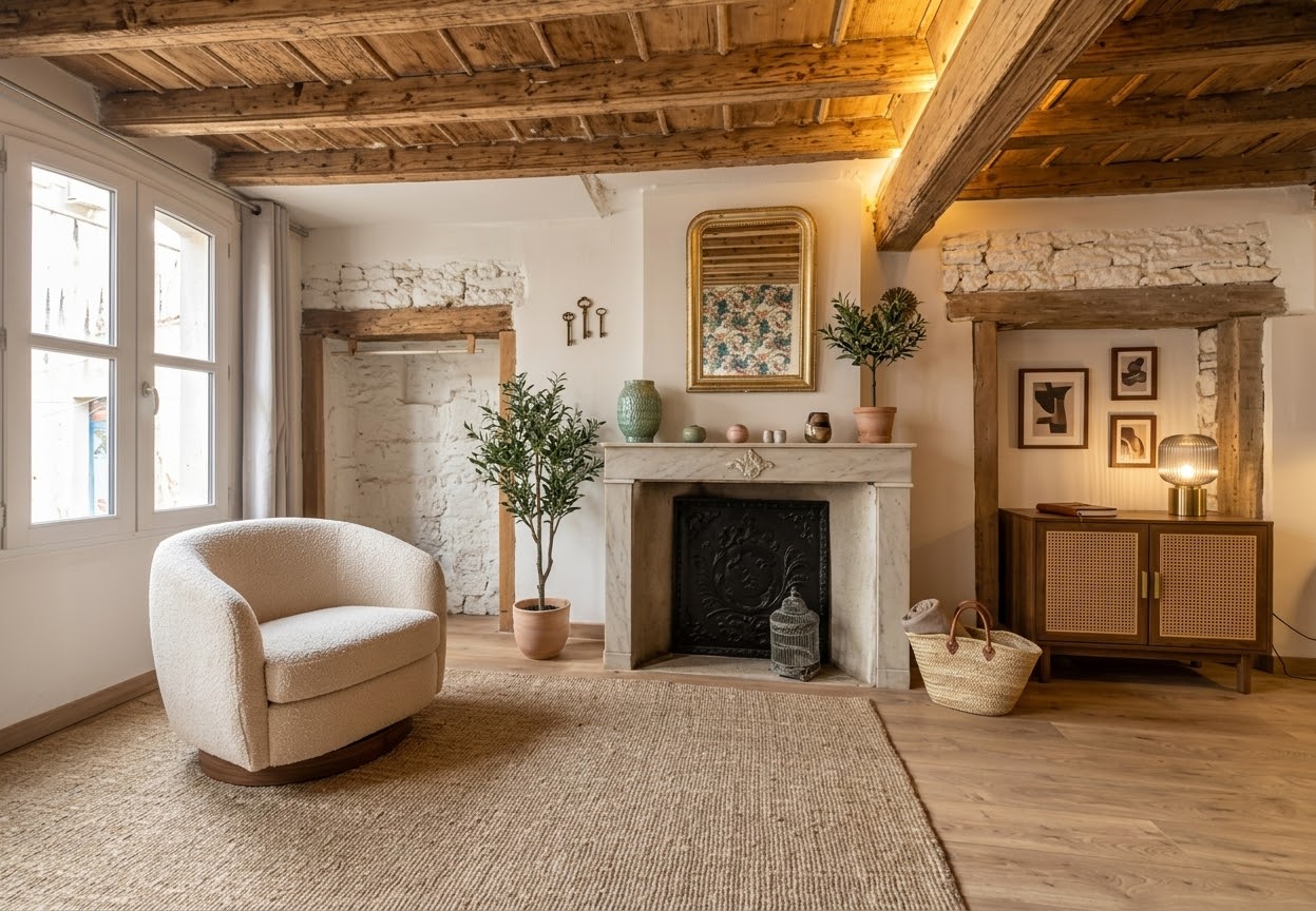 Provençal living room with marble fireplace and exposed beams