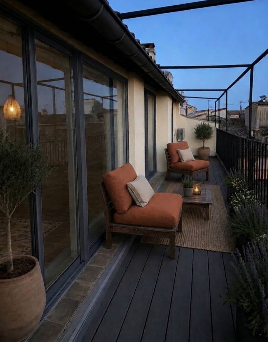 Rooftop terrace at twilight overlooking a Luberon village