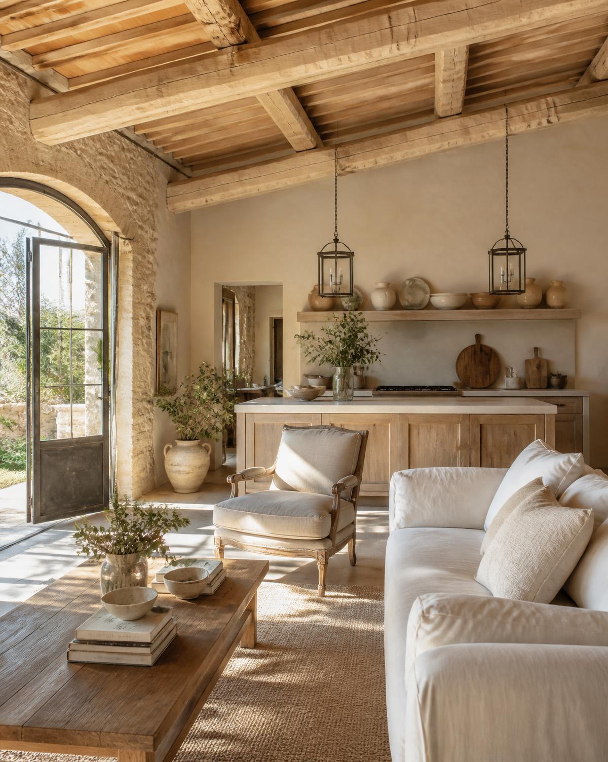Sunlit luxury living room inside a Provençal mas